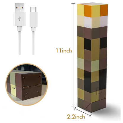 MC Game Brownstone Torch Lamp Figure 4Colors LED Night Light Bedroom Decorative Table Lamp USB Charging with Buckle Kids Toy Gif